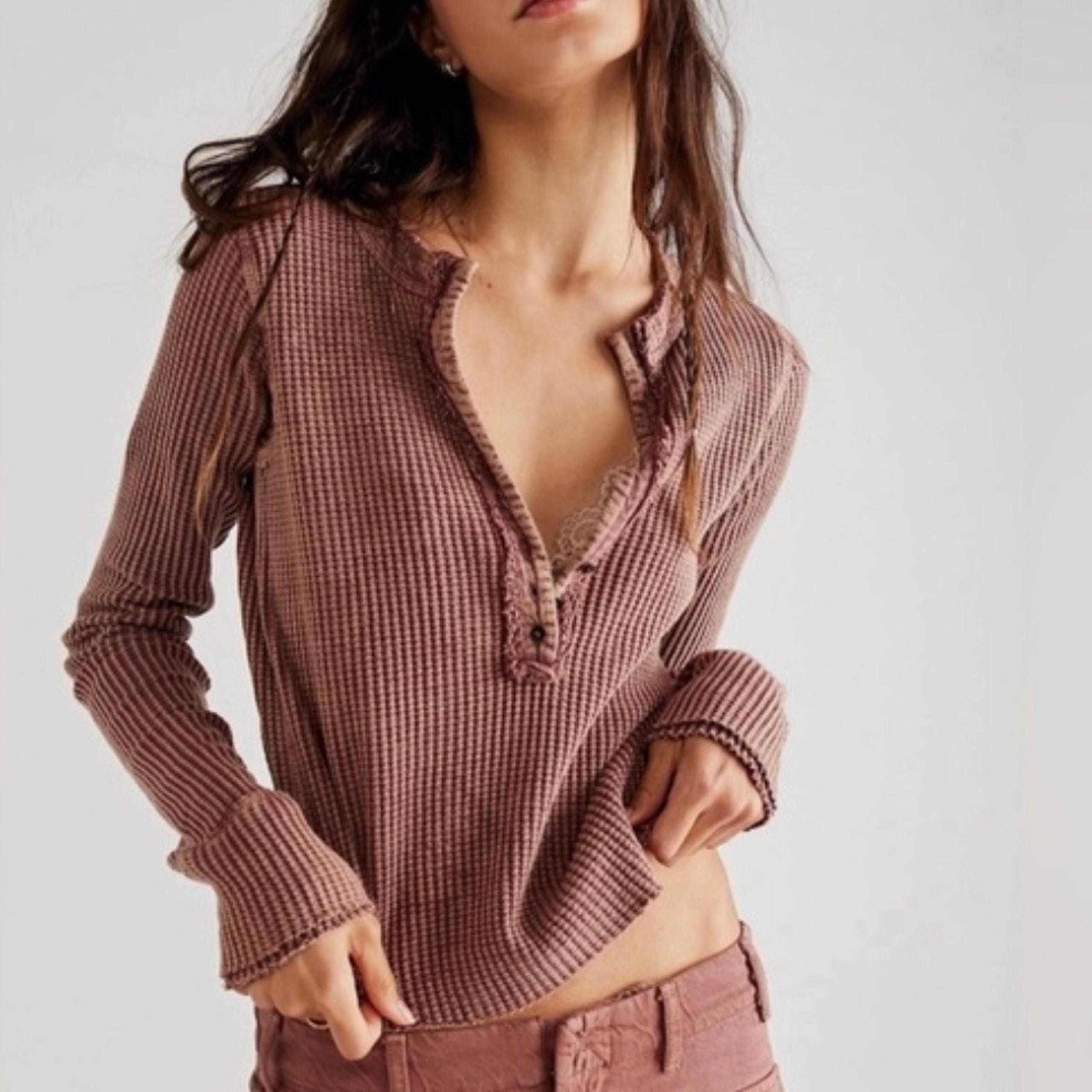 Free People Colt Thermal Henley Waffle Knit Top Size Large Boho 90s Y2K Feminine