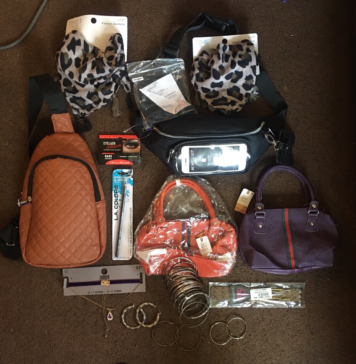 Women’s purses, bandanas, makeup, and jewelry lot