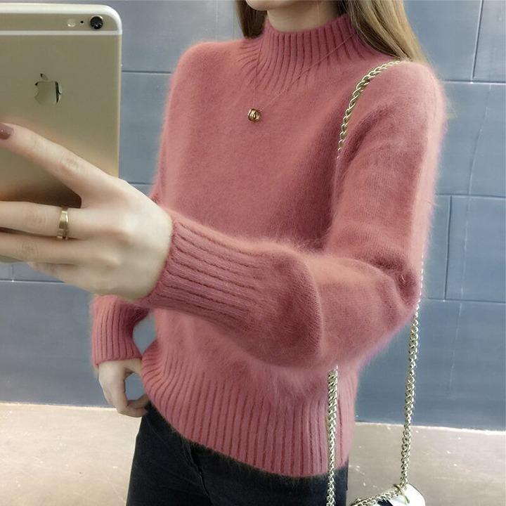Vintage mink hair half-turtleneck knit sweater women's fleece base top