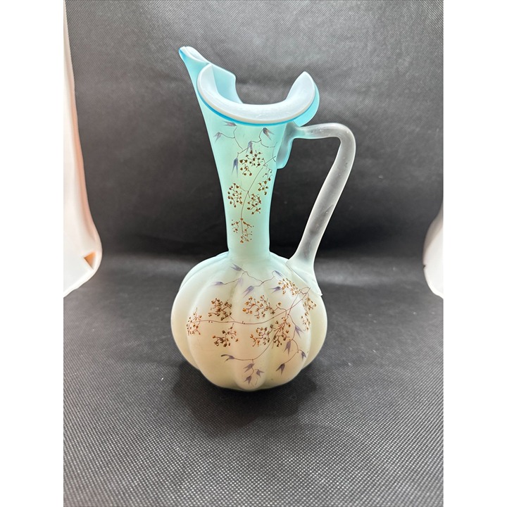 Antique Cased Satin Blue Hand Blown Glass Pitcher Ewer Enamel Flowers Leaves