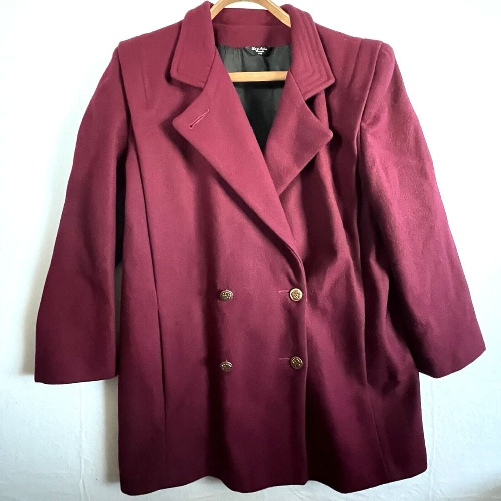 Vintage ADA Womens 11-12 Pea Coat Red Burgundy Wool with Black Leather Collar