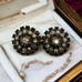 Vintage Unsigned Weiss Amber Aurora Borealis Crystal Rhinestone Dome Earrings