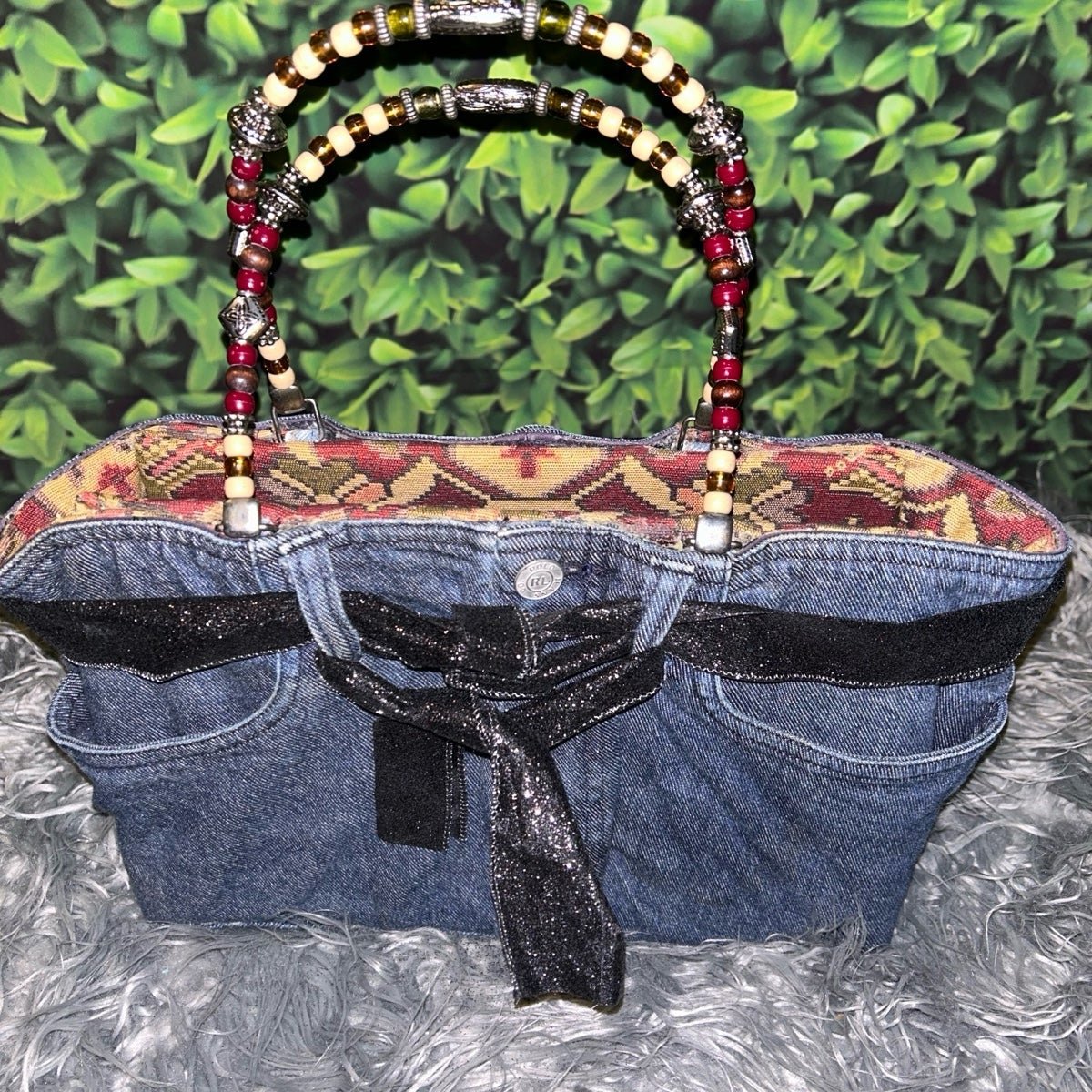 RETRO BOOTIE BAG Repurposed Denim w/ RL Button, Colorful Interior, Beaded