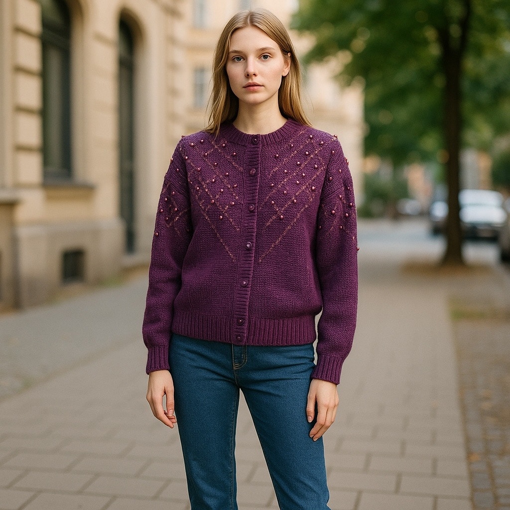 Womens Vintage Wool Hand knit Trachten Beaded Cardigan Cottagecore L Purple