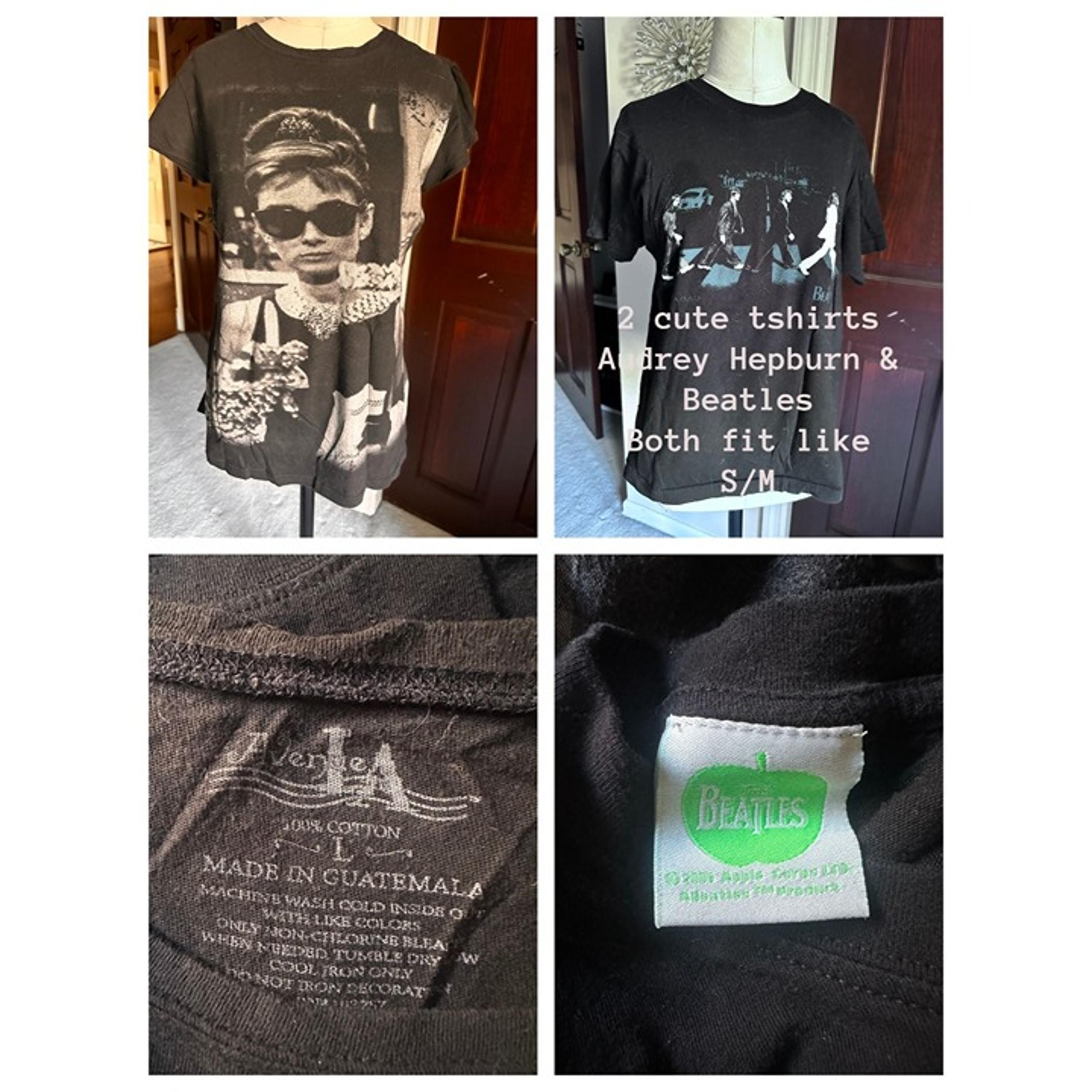 2 ladies novelty tshirts Audrey Hepburn and The Beatles fits like S/M