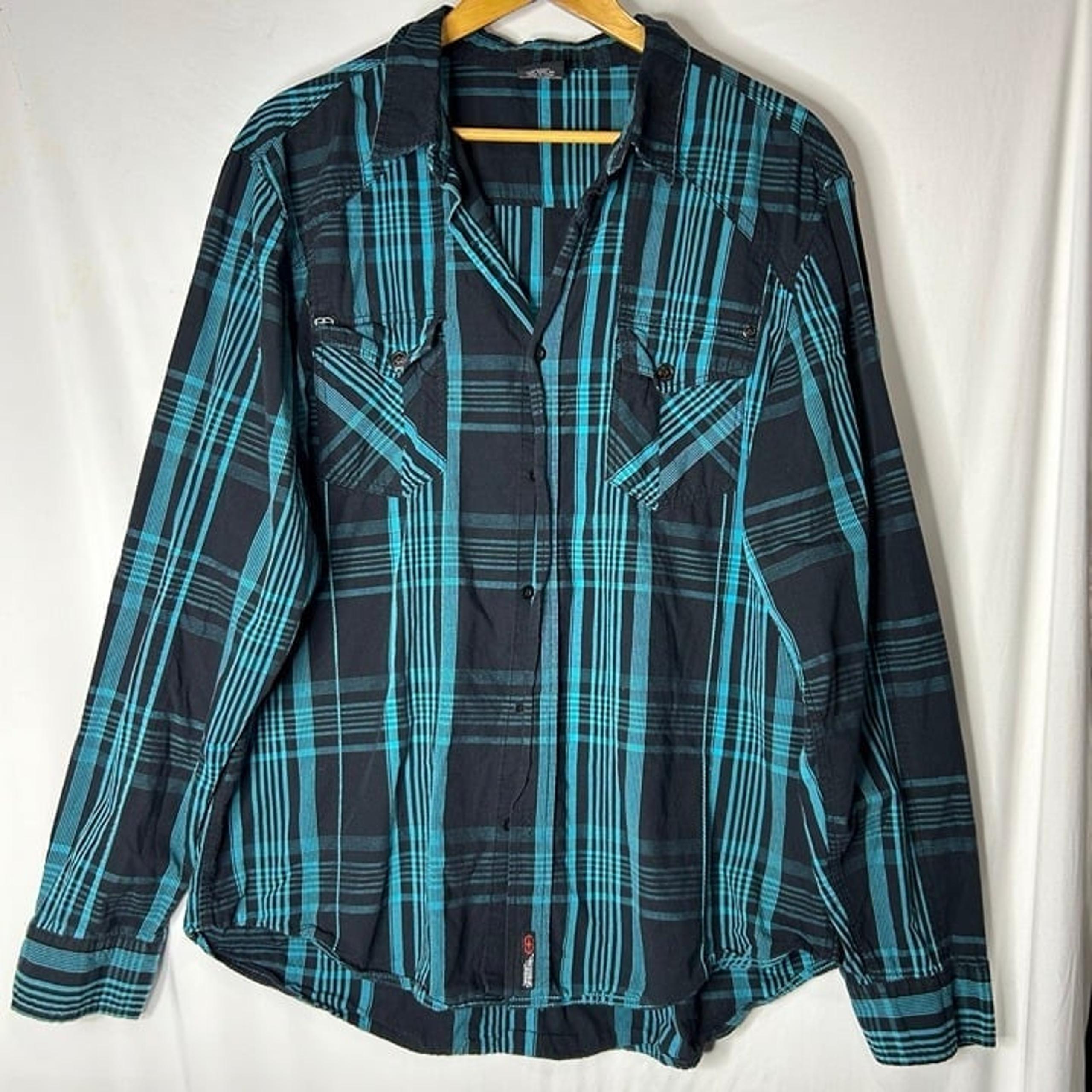 NO FEAR Blue Plaid Western Long Sleeve Button‎ Up Mens XXL Shirt