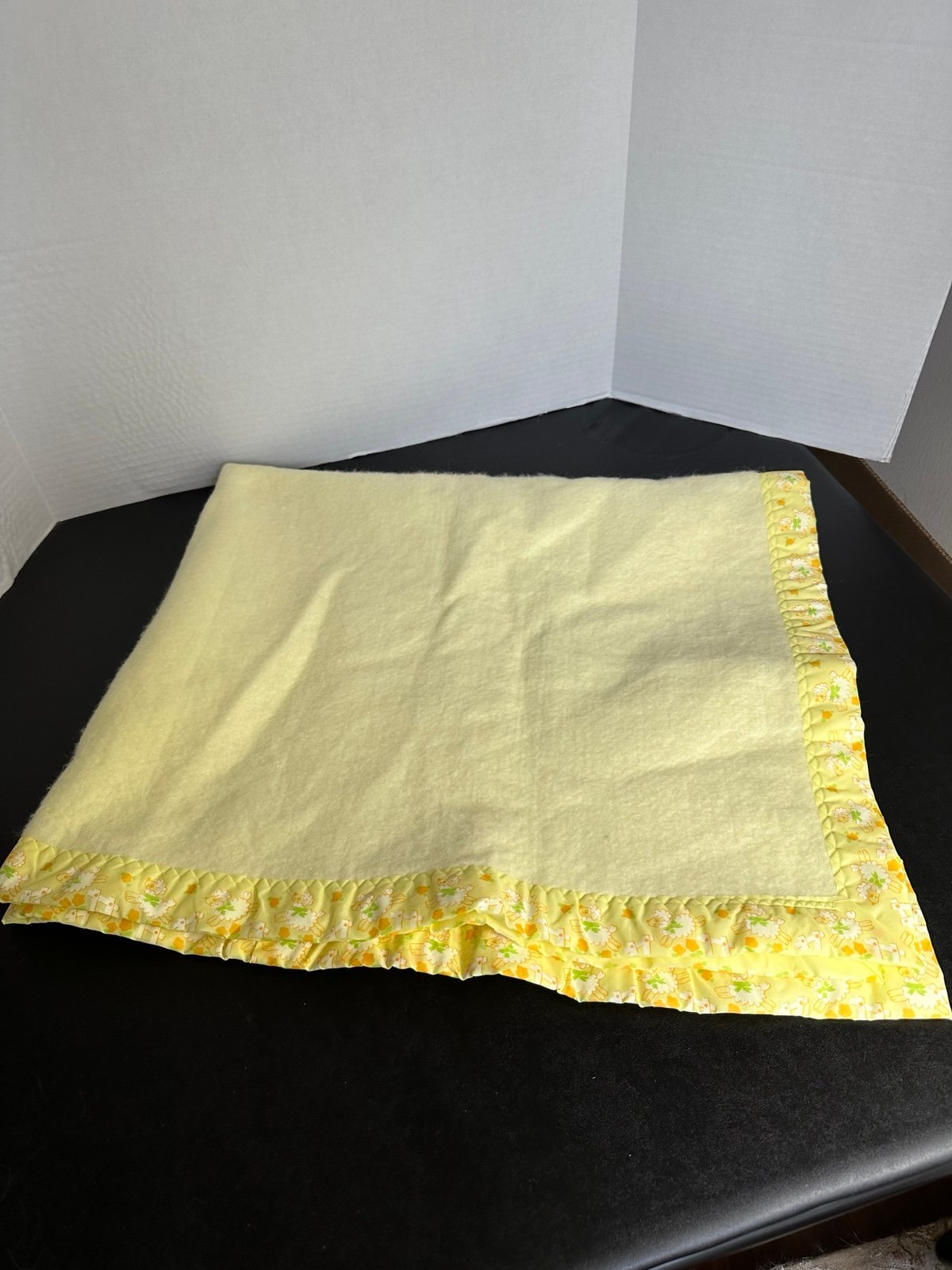 Vintage Baby Blanket Satin Trim Cotton Muslin 39 x 45 Yellow With Lambs Floral