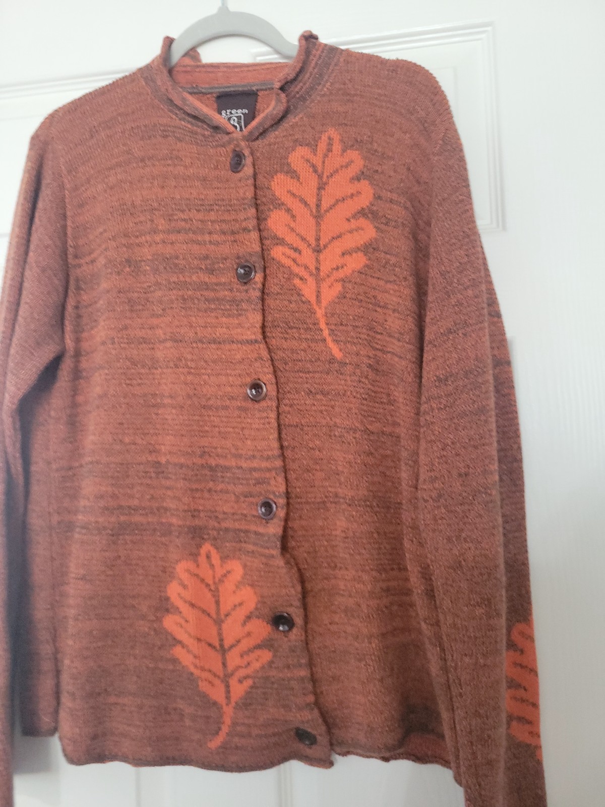 Green 3 Sweater Women Apparel Orange Brown Heather Leaf Print Cardigan Fall L
