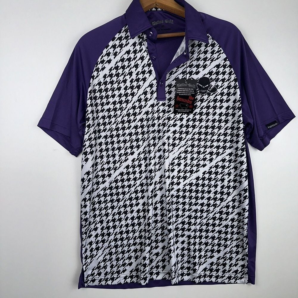 NWT Tattoo Golf Men's Houndstooth Stretch The Hounds Golf Shirt Medium Purple
