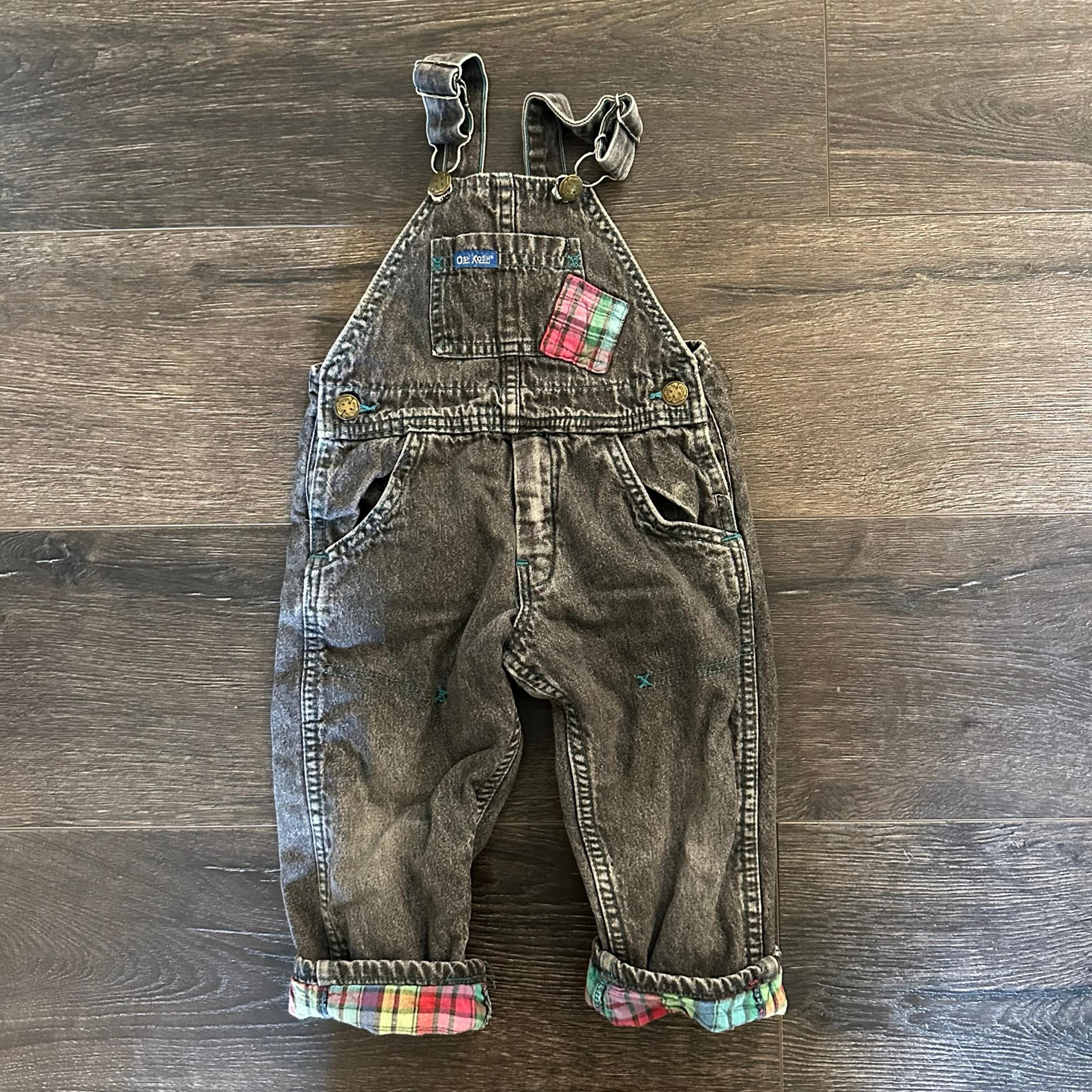 Vintage OshKosh B’gosh 2T Flannel Lined Overalls washed black colorway plaid