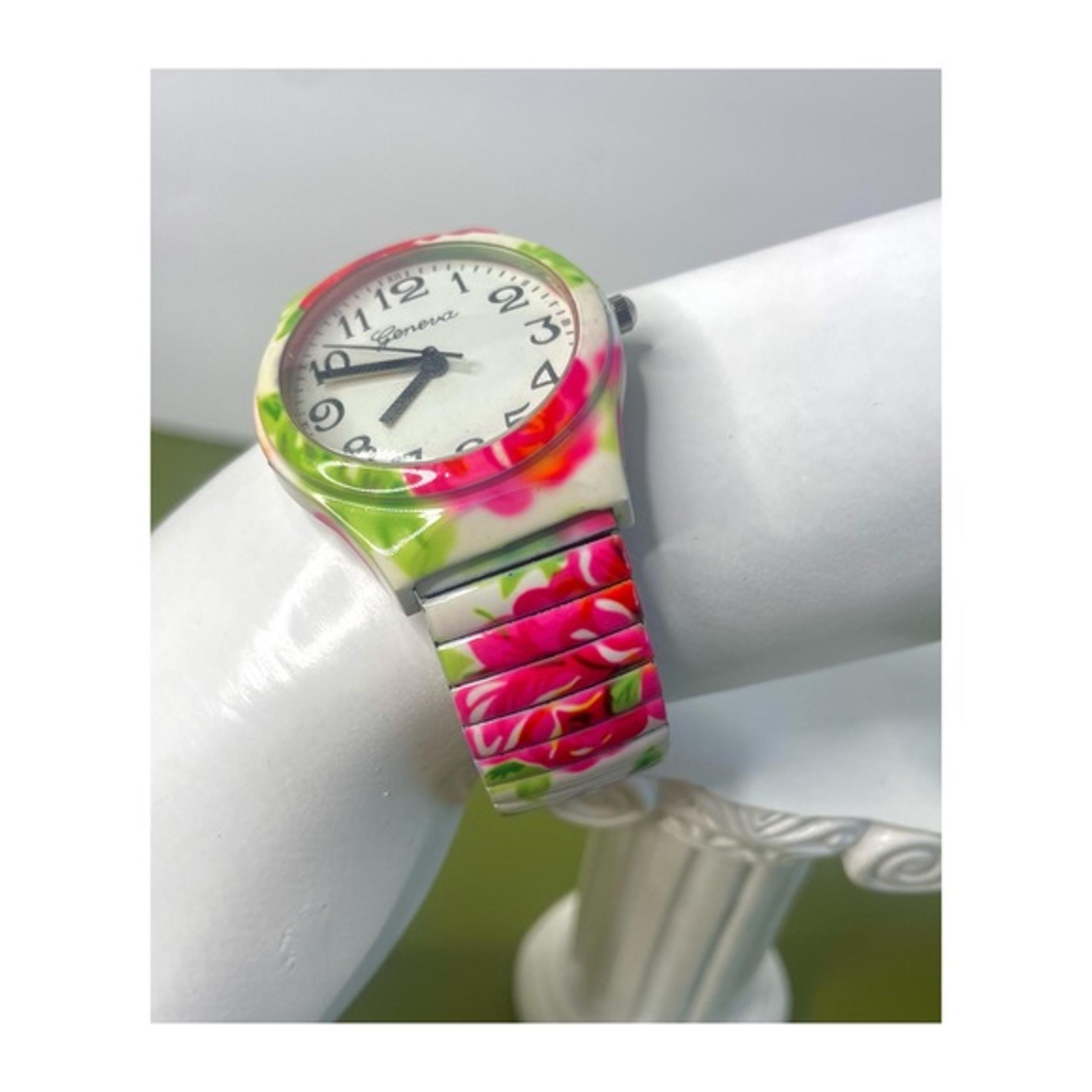 Geneva Stainless Steel Rose Floral Stretch Enamel CottageCore Round Watch
