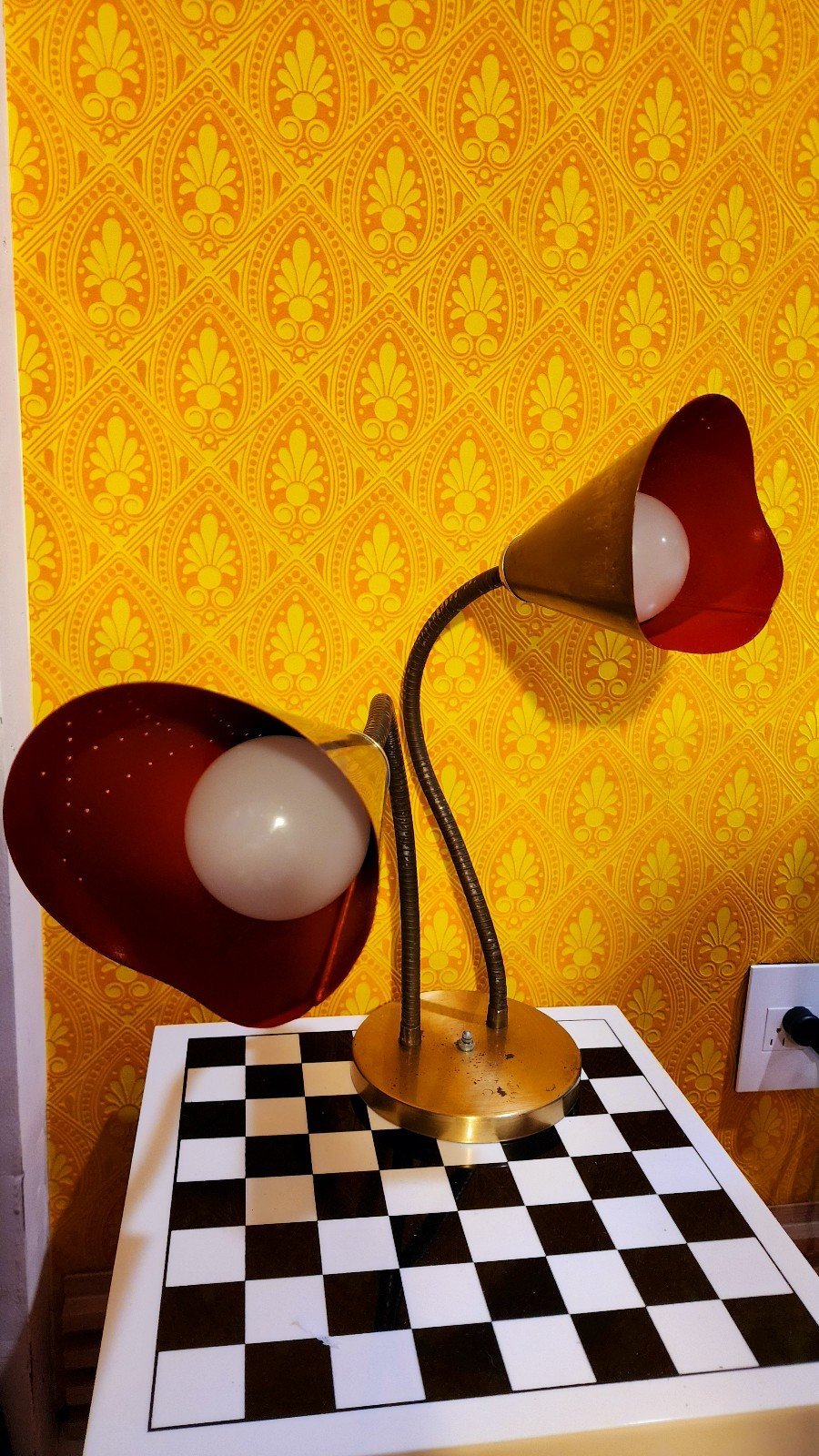 Vintage Lamp Gooseneck Bullet Brass Dual Desk Teardrop Red Atomic Patina MCM