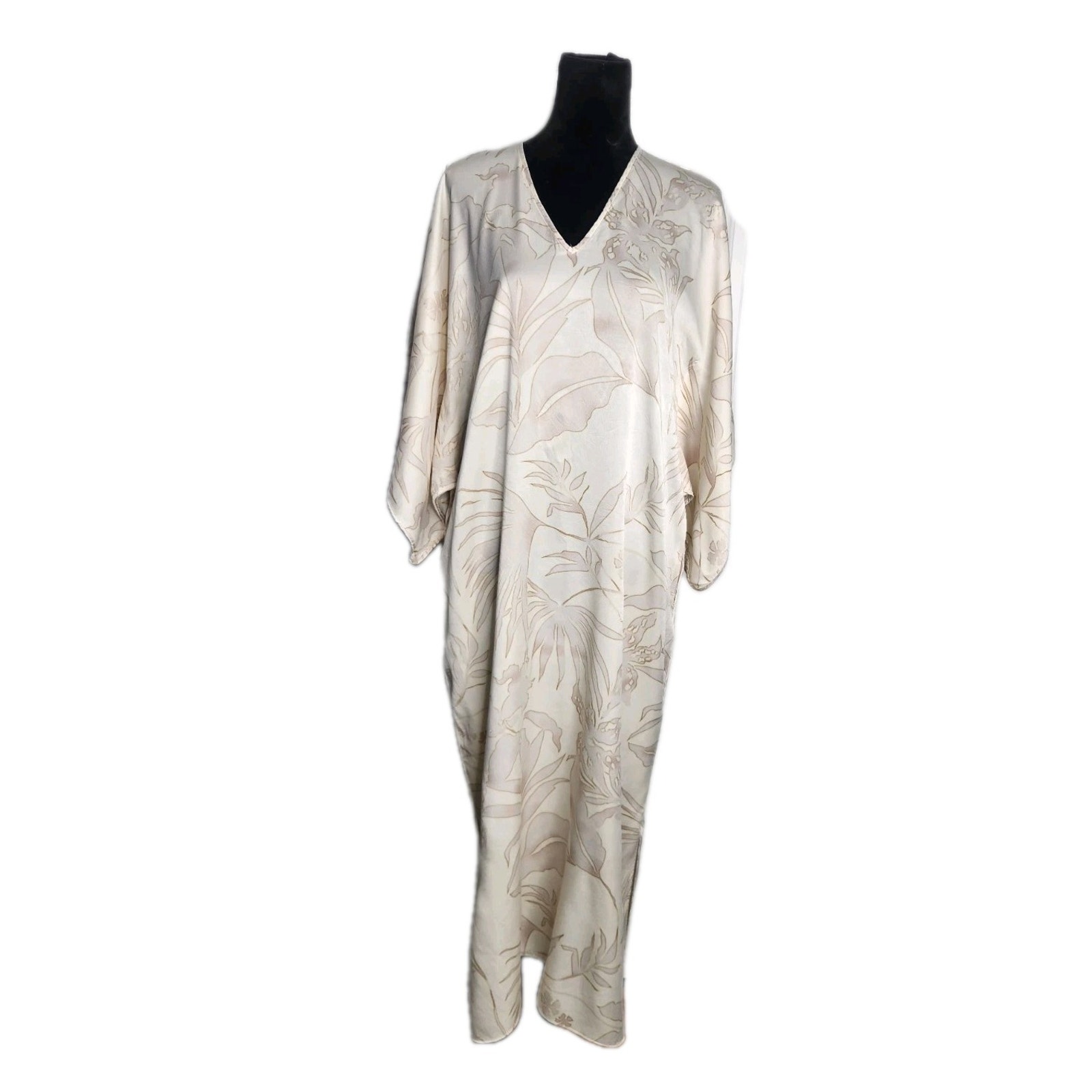 Natori 100% Silk Floral Maxi Kaftan Dress Kimono Sleeves Size Xs White & Gray