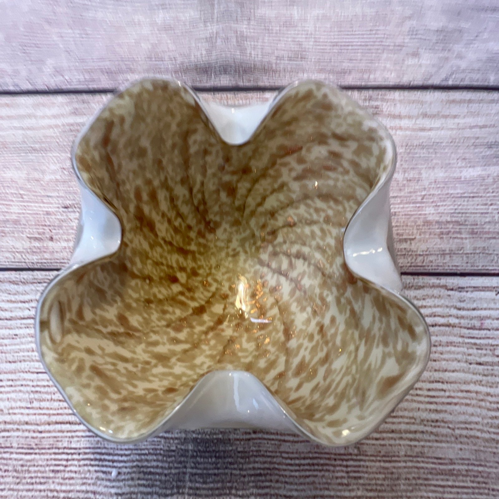 Vtg Murano Art Glass Pinched Bowl Ashtray 4 Corners White Cased Gold Swirls 5”