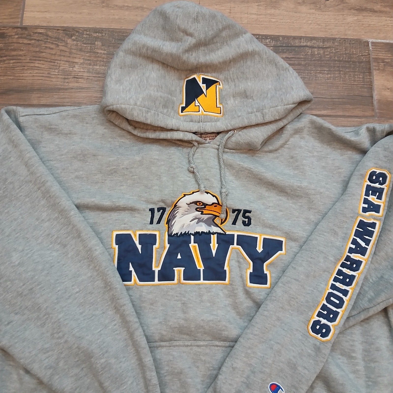 Vintage Navy Hoodie Mens Extra Large Grey Sea Warriors Sweatshirt Pullover Y2K