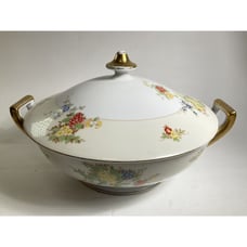 Round Covered Vegetable Bowl Flowers Handles Gold 9 Casserole