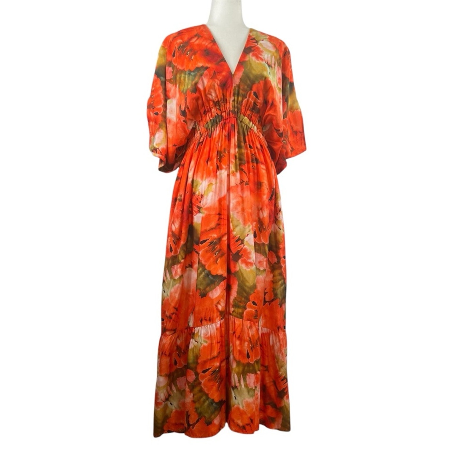 Marie Oliver Venus Abstract Floral Print Dolman-Sleeve Caftan Maxi Dress Size S