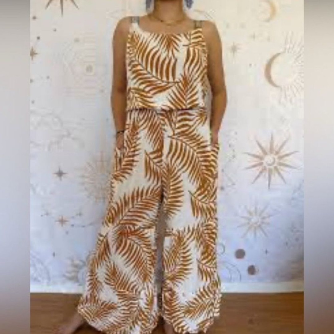 Ivy Street Palm Leaf One Piece Wide Leg Jumpsuit Flowy Bohemian Casual Large