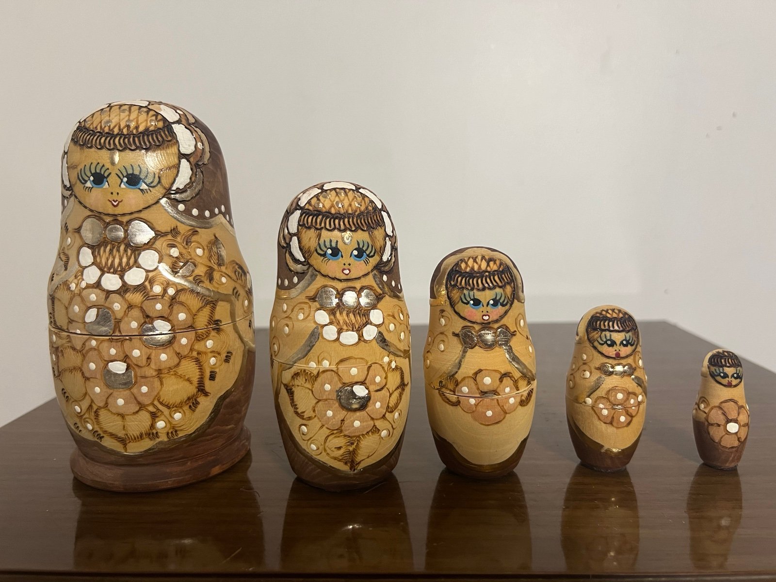 Beautiful Set Of 5 Hand Crafted Wooden Babushka Dolls