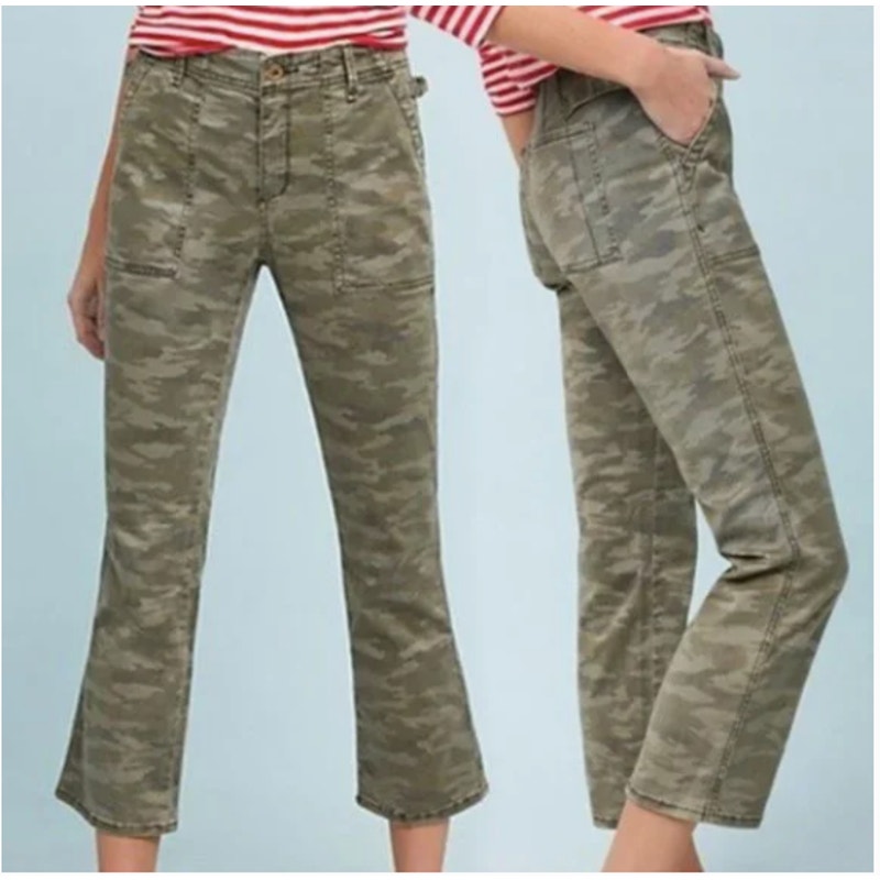 BY ANTHROPOLOGIE 28 Camo Green Utility Cargo Jean Pants Buckle Waist Cropped