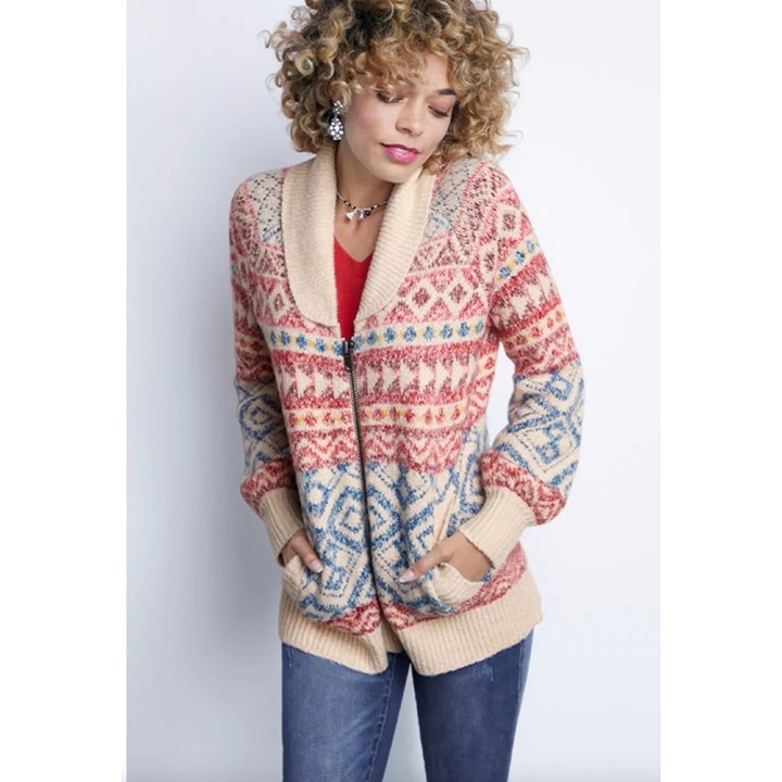 Cabi highlands Womens XS Multicolor Fair Isle Knit Sweater Shawl Collar & Zipper