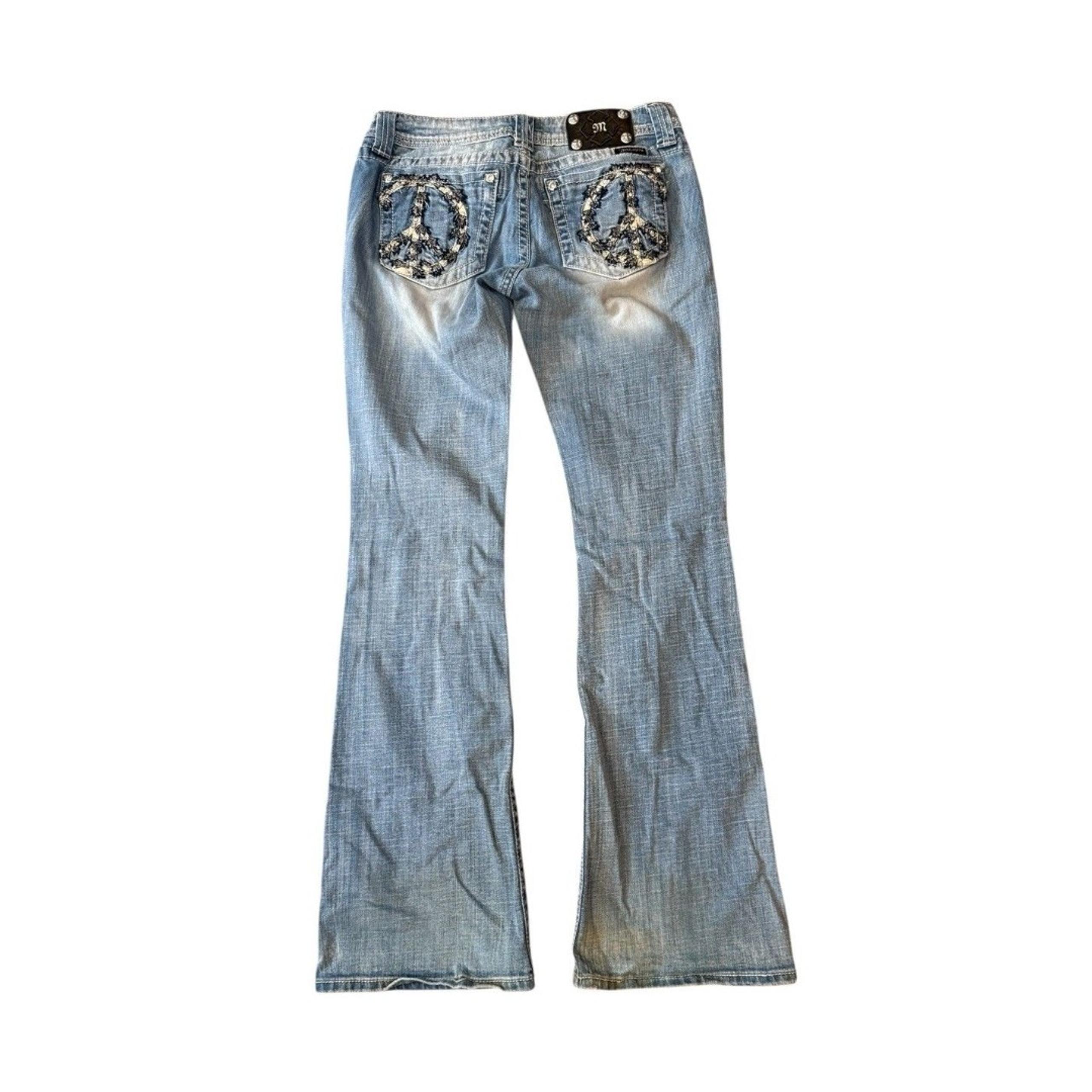 Miss Me Flare Jeans Womens Sz 29 X 33.5 Peace Sign Embellished Light Denim Fade