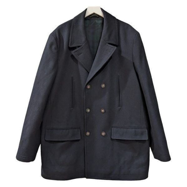 RALPH LAUREN DOUBLE BREASTED TARTAN LINED MENS BLACK WOOL BLEND PEACOAT SIZE 50L