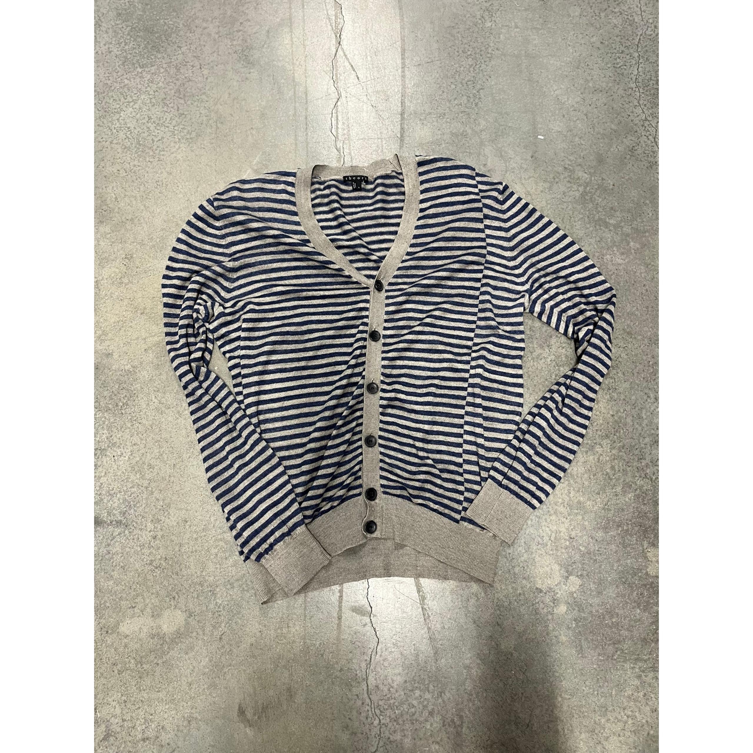 Theory Sweater Extra Large L Grey Striped Cardigan Lightweight Womens