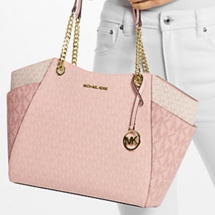Michael KORS Jet Set Large Color-Block Signature Logo Tote Bag Powder Blush Mult