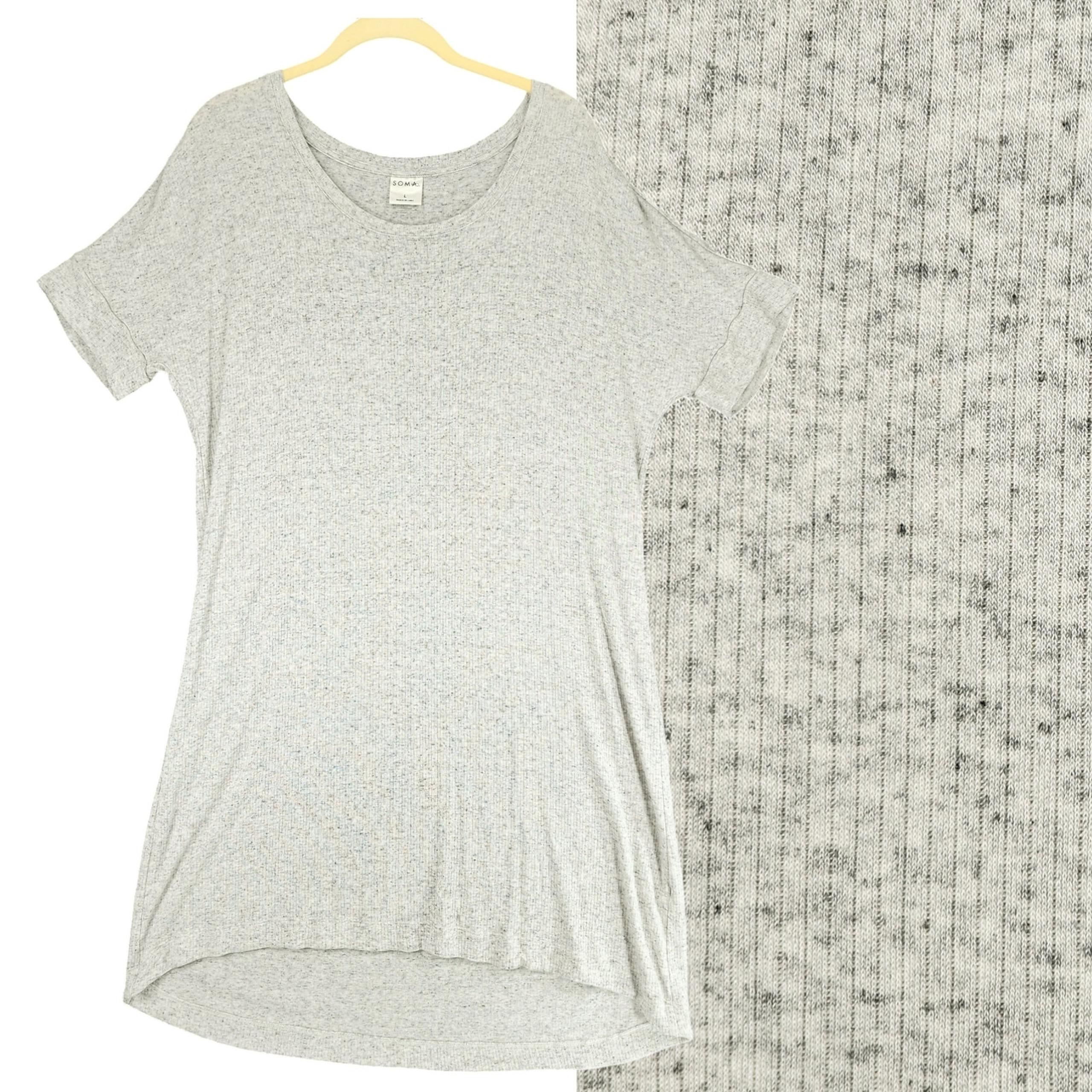 Soma L Cool Nights Short Sleeve Sleep Shirt Women White Gray Speckle Stretch 38"