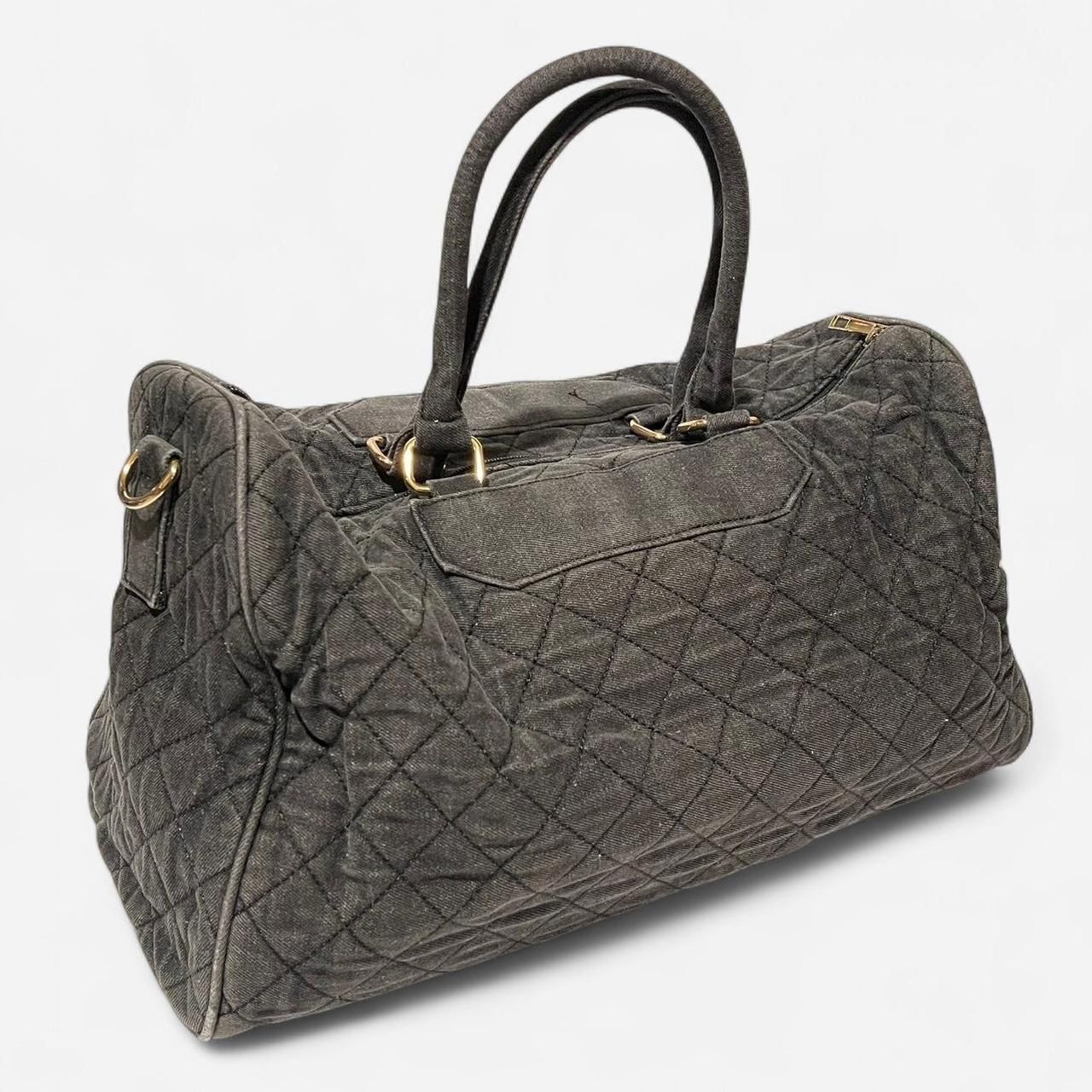 WASHED DENIM QUILTED DUFFLE WEEKENDER BAG BLACK