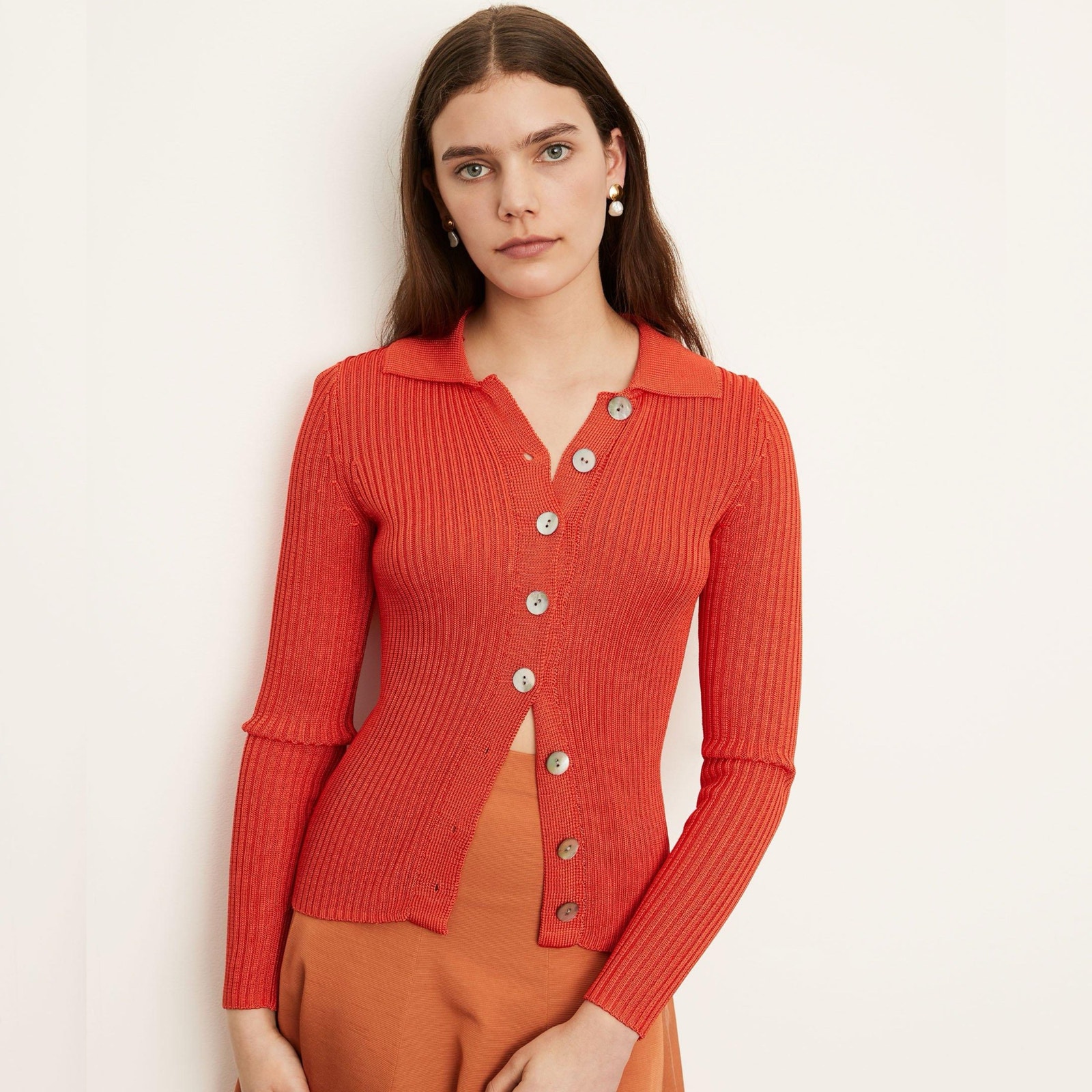 Vince Orange Ribbed Collar Button Front Cardigan Sweater Women’s XXS NWT
