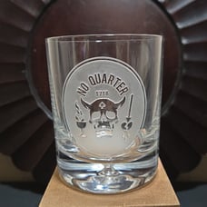 Rare Etched Skull Design No Quarter 1718 Inscription Whiskey Glass.