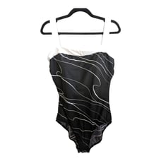 Miraclesuit Black w/White Geo Lines One Piece Bathing Suit Size 16 EUC
