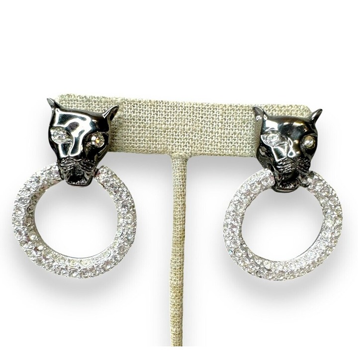 Givenchy Panther Pave Crystal Door Knocker Pierced Lever Back Earrings Vintage