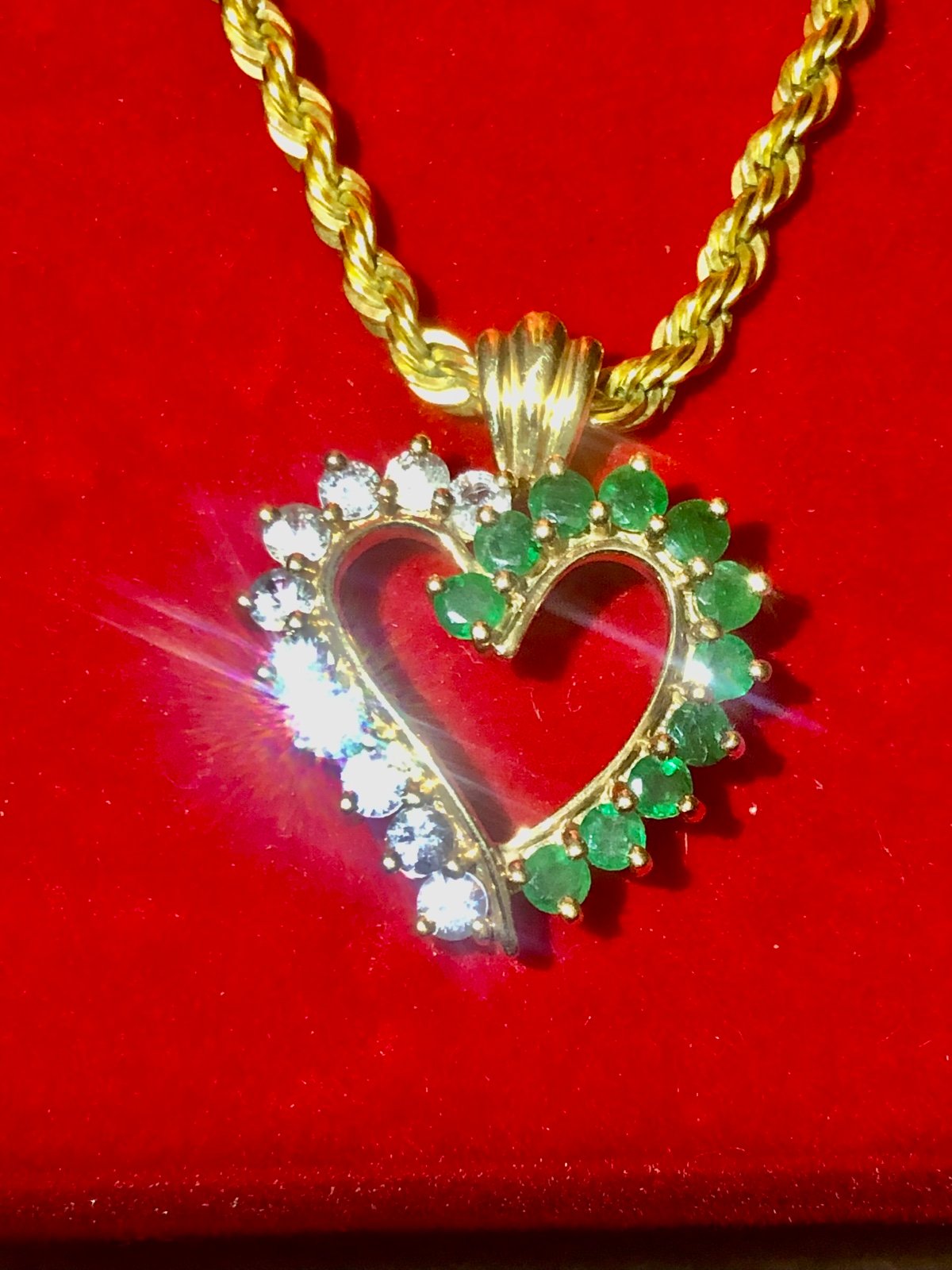 10K Solid Yellow Gold with Emerald & Topaz Heart Pendant Ripe Necklace 18”