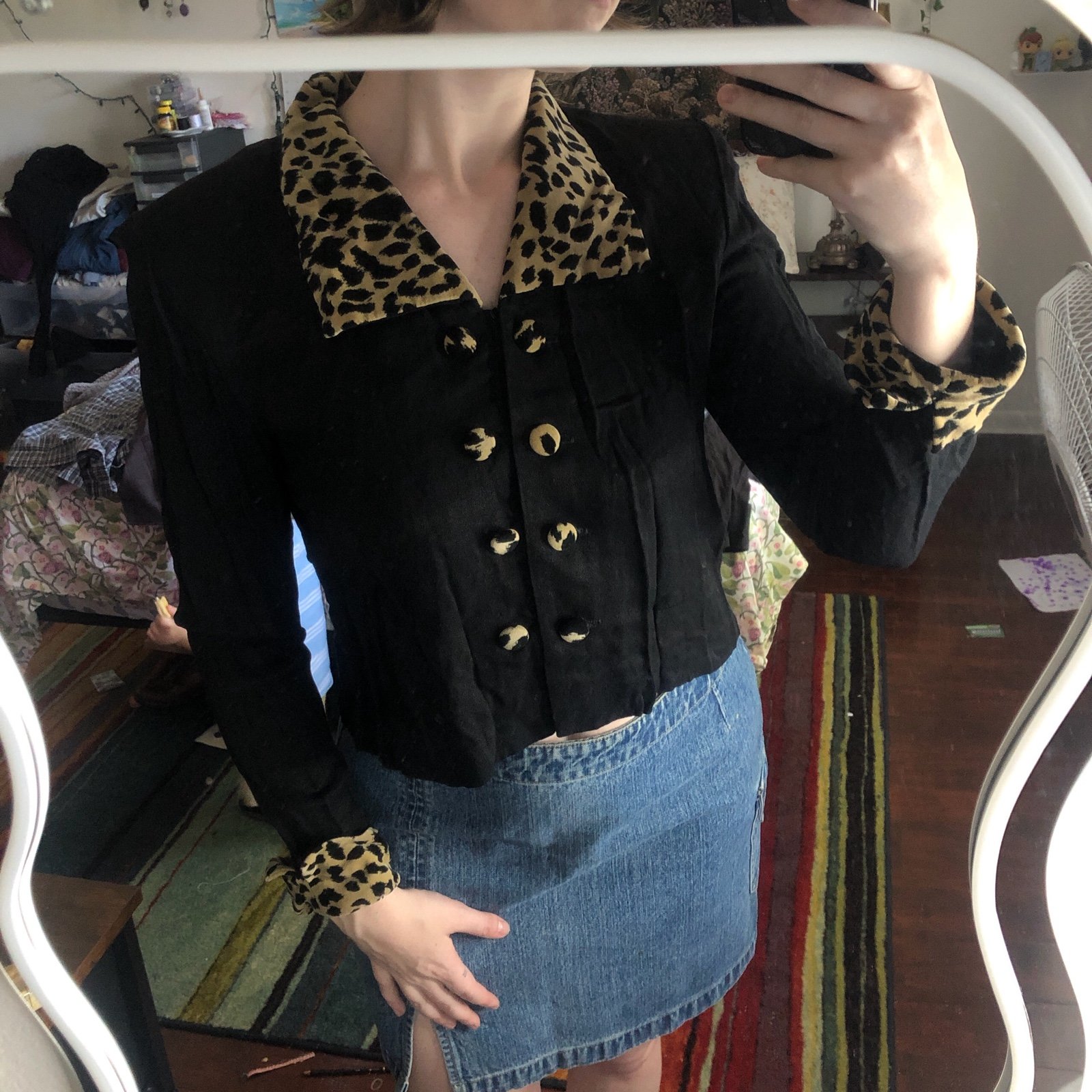 vintage 90s double button-up cropped blazer with velvet leopard accents