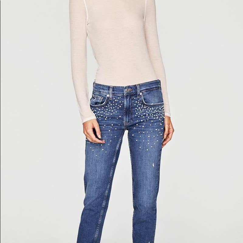ZARA The Slim Boyfriend Pearl Embellished Straight Leg Jeans