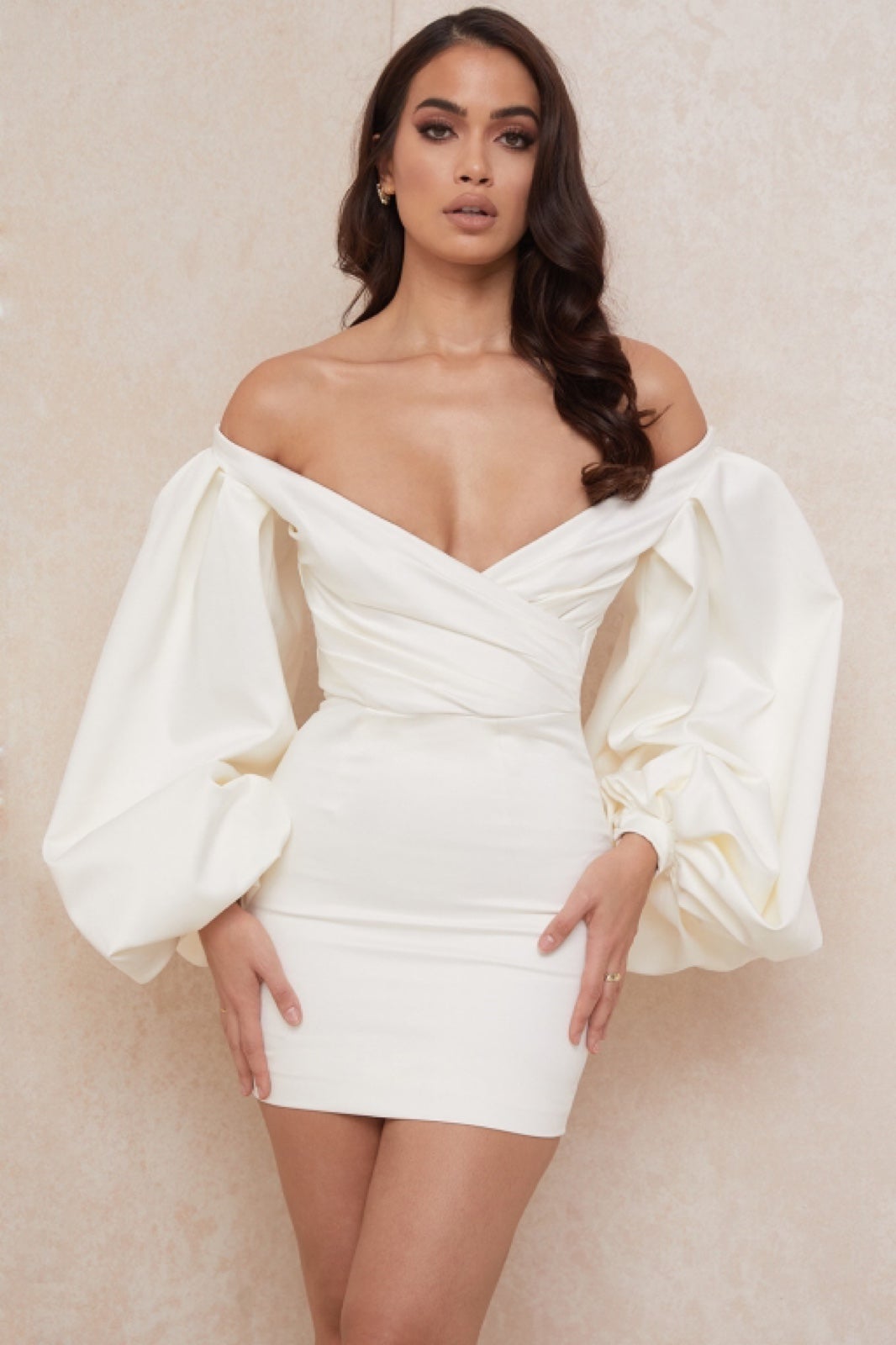 House of CB Carlyn Ivory Satin Balloon Sleeve Mini Dress