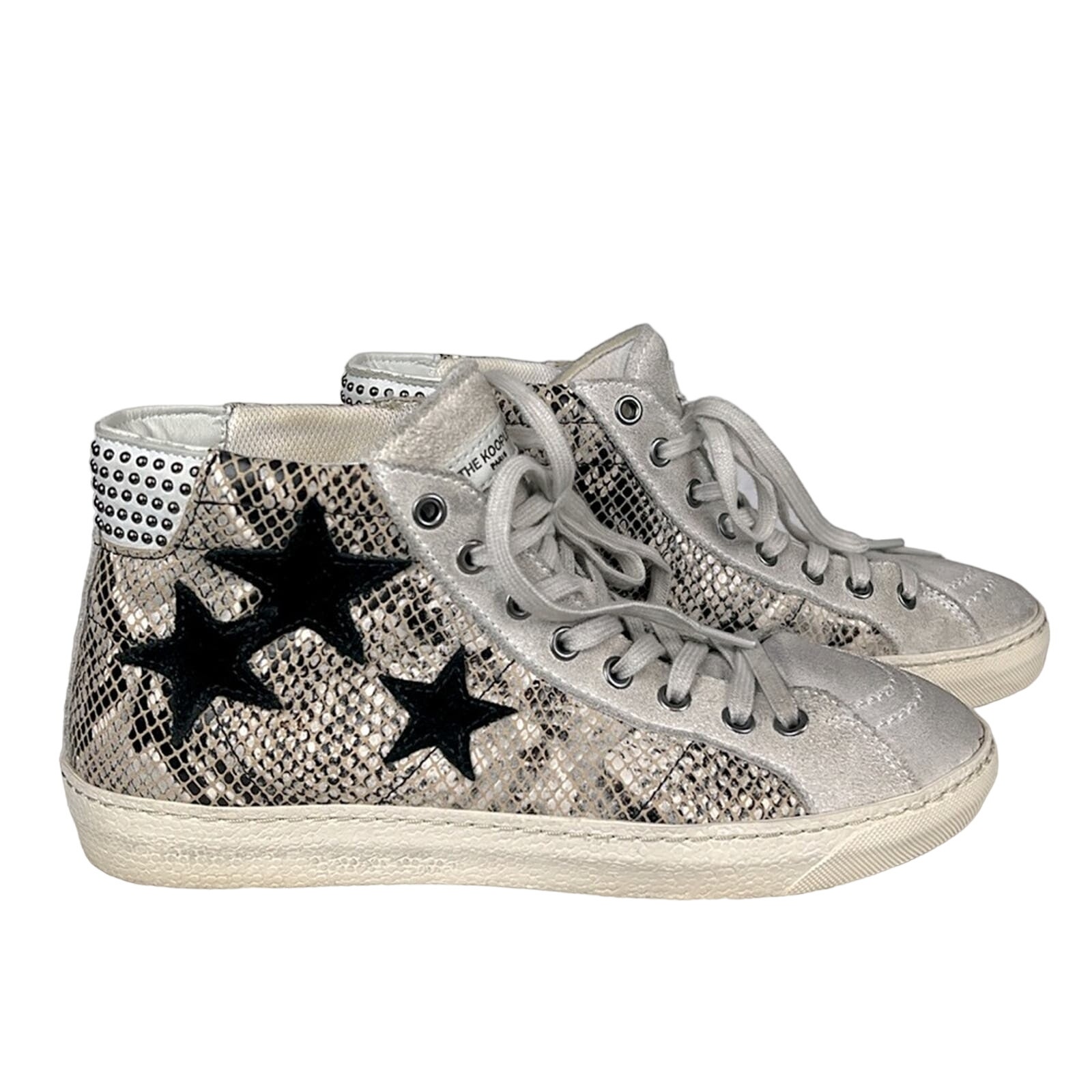 The Kooples Women’s Distressed Leather Hi-Top Sneakers Stars Studs Snakeskin