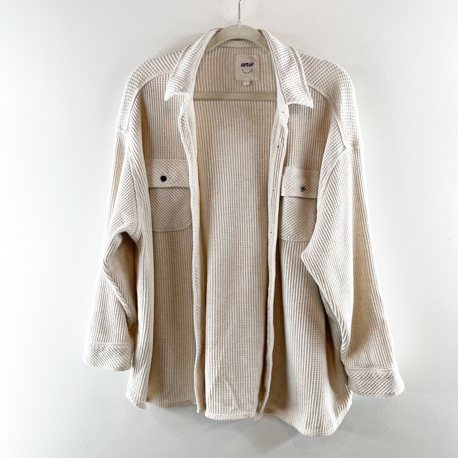 Aerie Lumberjane Waffle Snap Button Top Shacket Cream Medium
