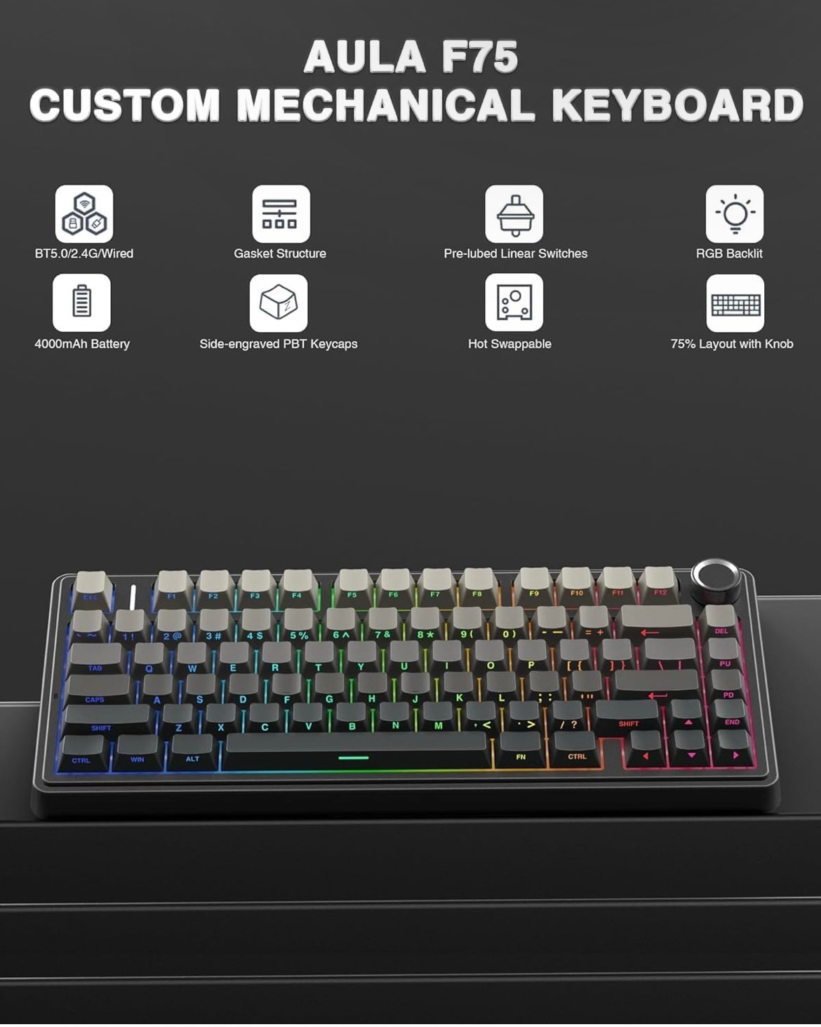 AULA F75 RGB GAMING KEYBOARD [BLACK/GRAY]