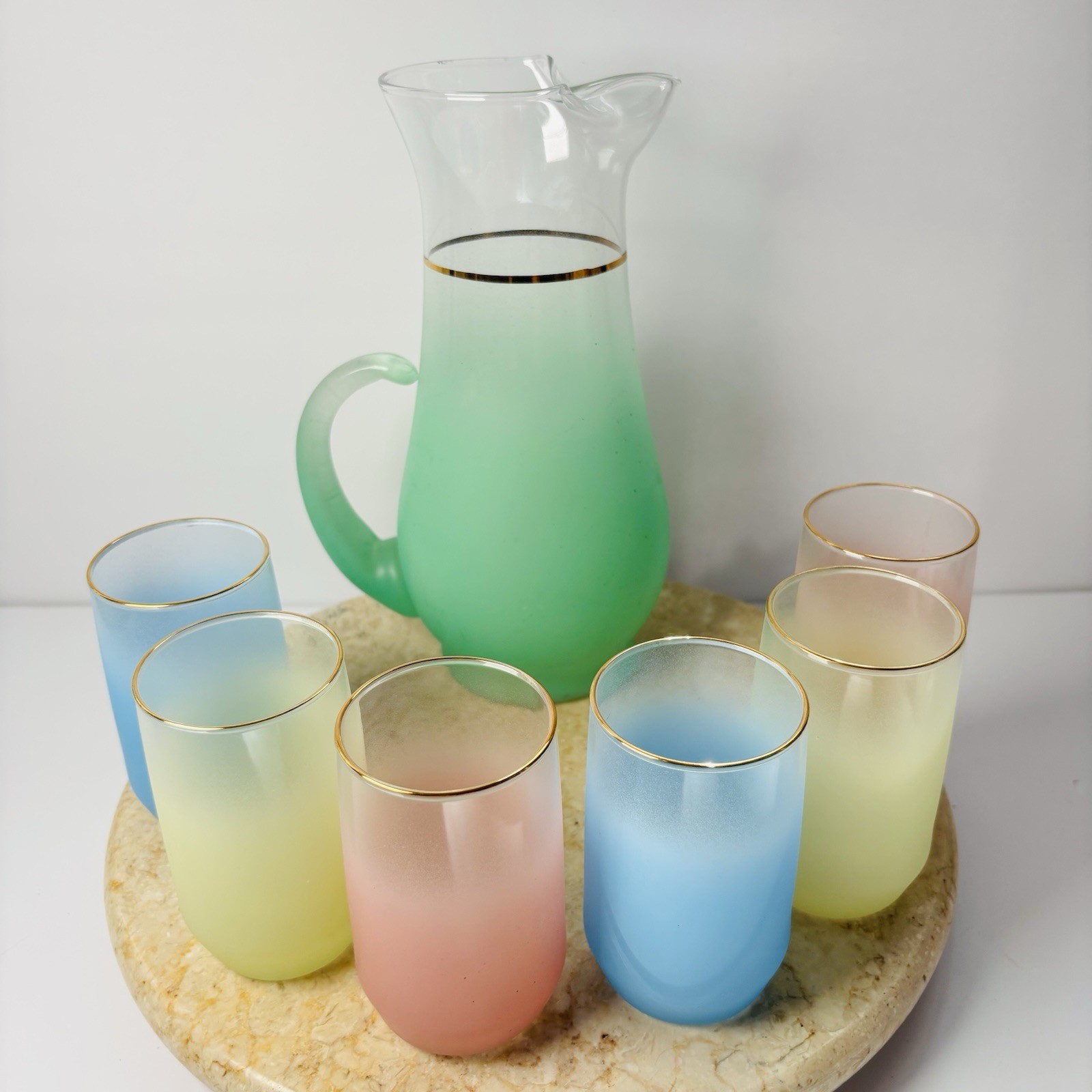 1950s MCM Blendo Frosted Glass Gold Rim 7 Piece Pitcher & 12oz Tumblers Set
