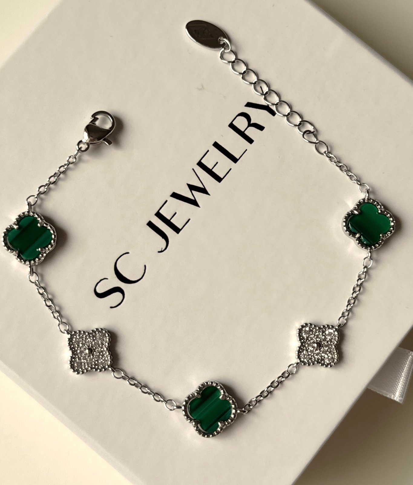 Petite Clover Malachite Real Zircon Platinum Plated Luxury Jewelry