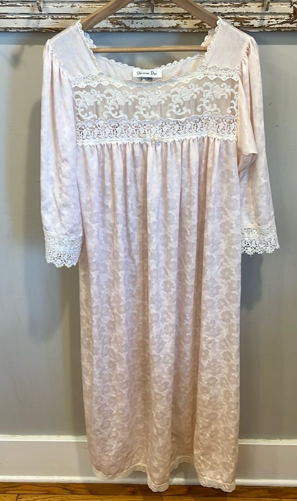 Vintage Christian Dior Women's Sz. S Satin Light Pink & Lace Long Night Gown