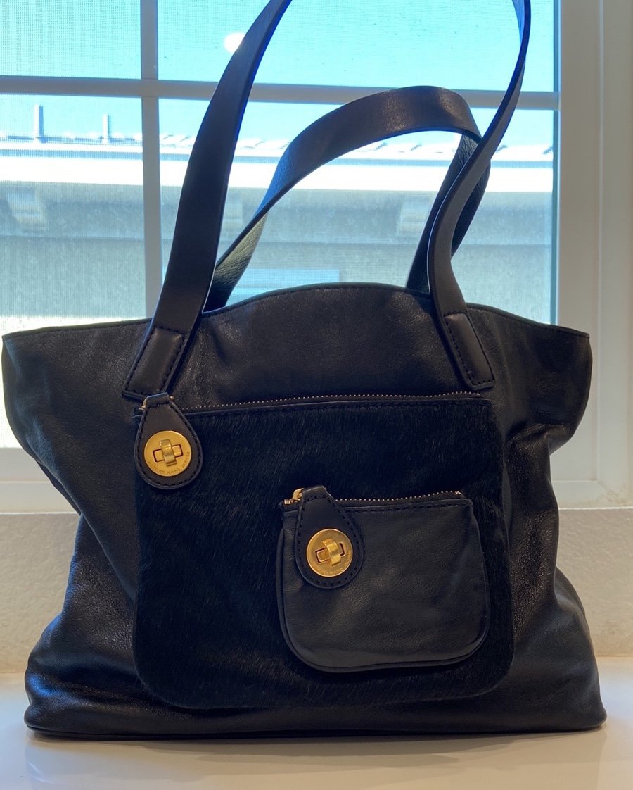 $458 Marc by Marc Jacob black calf skin purse with pony hair small pocket