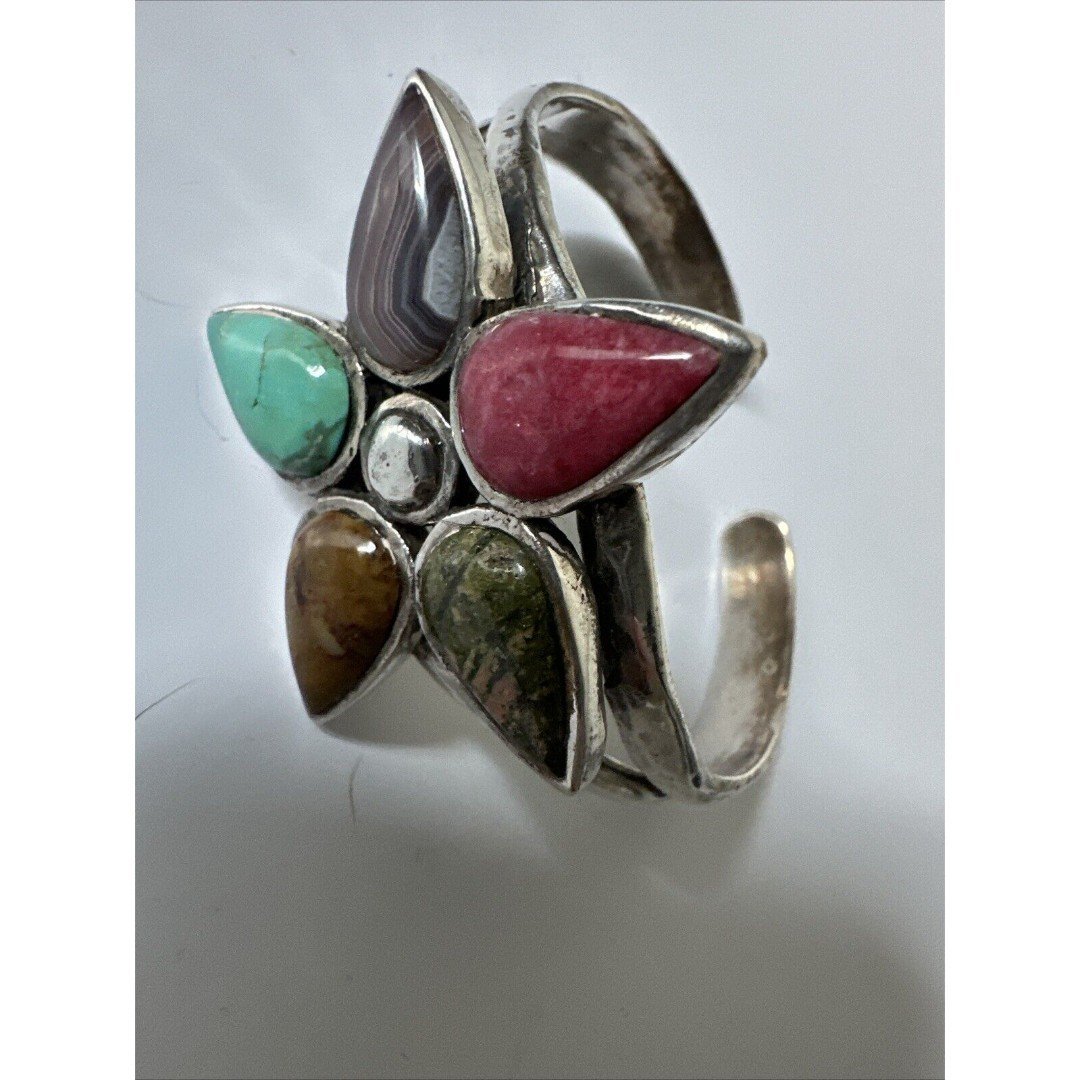 Barse Multi Gemstone Flower 925 Sterling Silver Cuff Bracelet