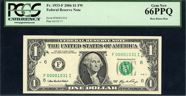 2006 Federal Reserve Note *Low Serial No.* (00001031) PCGS Gem New 66 PPQ