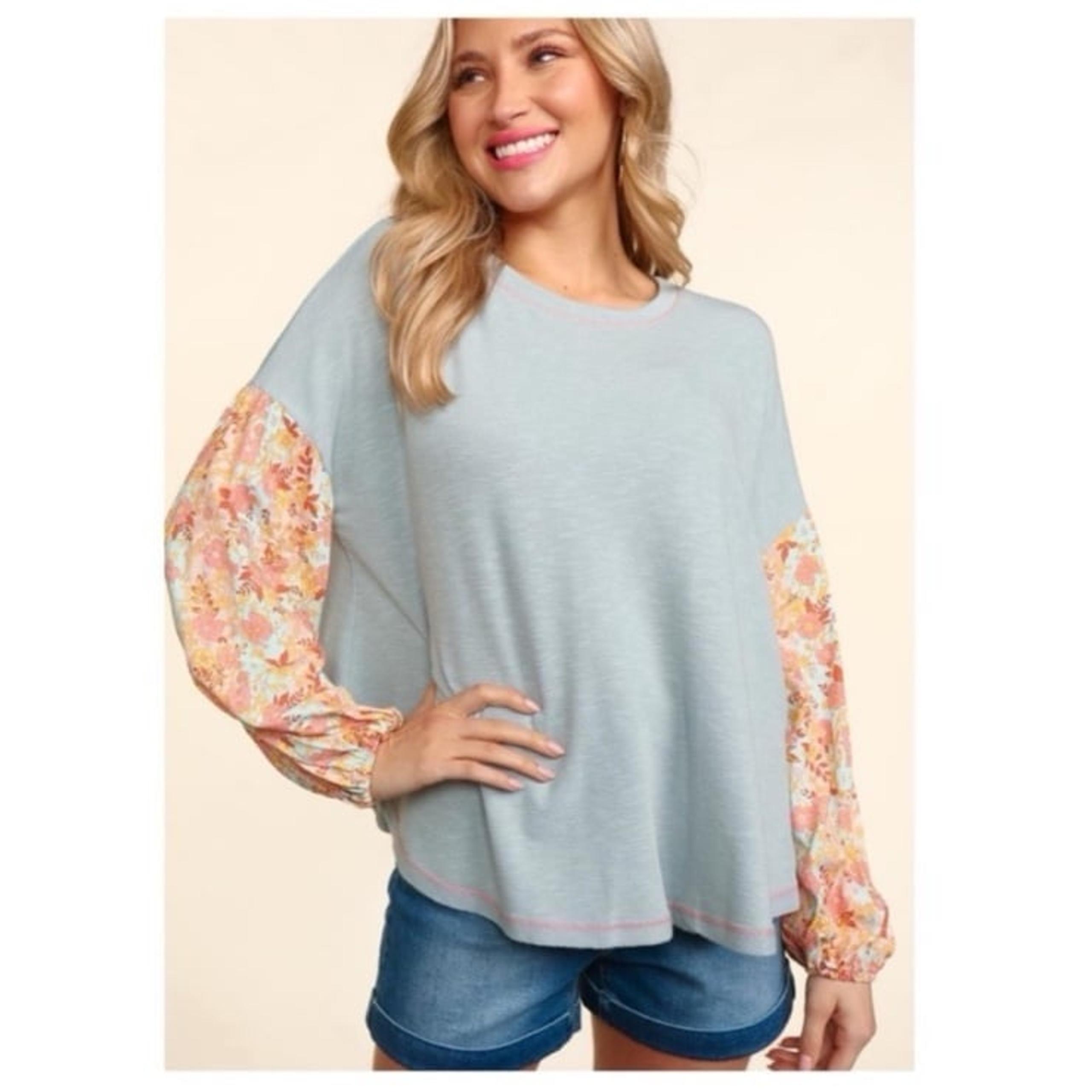 Long sleeve knit top colorblock balloon floral sleeves grey sz m
