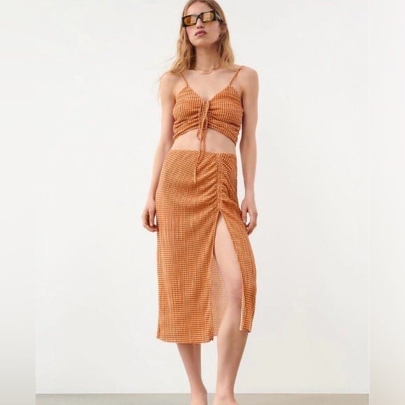 ZARA Orange & White Gingham Crop Top Camisole & Midi Skirt Set Size Small